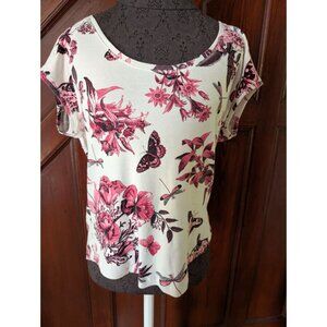 Talbots Womens XL Floral & Butterfly Print Cap Sleeve Scoop Neck Top White/Pink